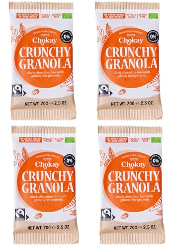 Chokay BIO Bar 4er SET - CRUNCHY GRANOLA/Belgische Zartbitter Schokolade mit glutenfreien Granola Knuspermüsli/Ohne Zuckerzusatz, ohne Süßungsmittel/VEGAN, GLUTENFREI & FAIR TRADE / 4x70g von Chokay