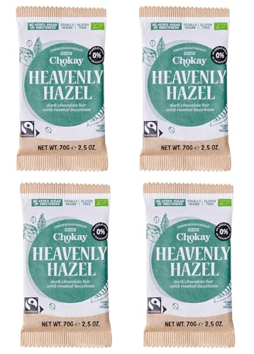 Chokay BIO Bar 4er SET - HEAVENLY HAZEL/Belgische Zartbitter Schokolade mit gerösteten Haselnüssen/Ohne Zuckerzusatz, ohne Süßungsmittel/VEGAN, GLUTENFREI & FAIR TRADE / 4x70g von Chokay