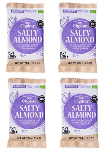 Chokay BIO Bar 4er SET - SALTY ALMOND/Belgische Zartbitter Schoklade mit Mandeln und Meersalz/Ohne Zuckerzusatz, ohne Süßungsmittel/VEGAN, GLUTENFREI & FAIR TRADE / 4x70g von Chokay