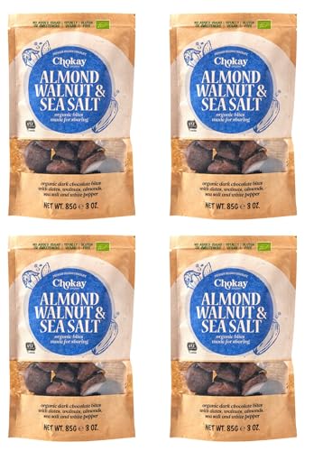 Chokay BIO Bites 4er SET - ALMOND WALNUT, SEA SALT/Zartbitterschokolade gefüllt mit Datteln, Mandeln, Walnüssen und Meersalz/Ohne Zuckerzusatz/VEGAN, GLUTENFREI & FAIR TRADE / 4x85g von Chokay