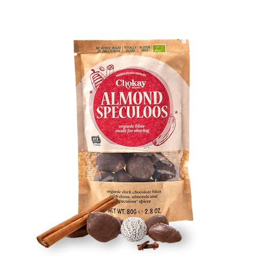 Chokay BIO Bites - ALMOND SPECULOOS/Zartbitter Schokolade gefüllt mit Mandeln, Datteln und Spekulationsgewürz/Ohne Zuckerzusatz, ohne Süßungsmittel/VEGAN, GLUTENFREI & FAIR TRADE / 1x80g von Chokay