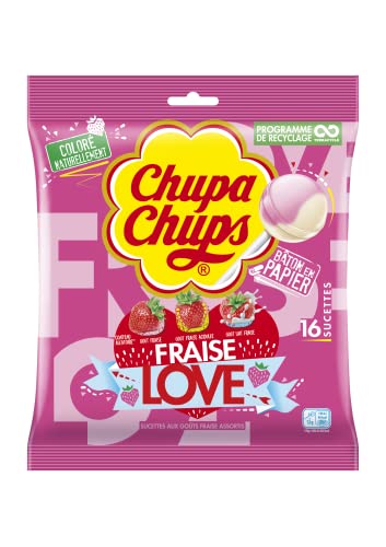 Chupa Chups 16 Lutscher Love / Bonbons ohne Gluten / 3 verschiedene Düfte Erdbeere / Erdbeere / Erdbeermilch - 192 g (Verpackung kann variieren) von Chupa Chups