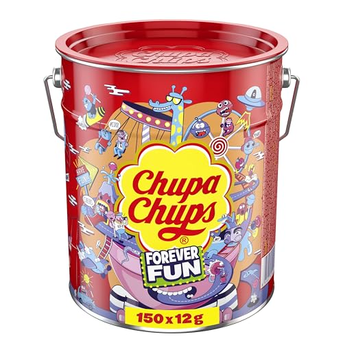 Chupa Chups Best of Lollipop-Eimer, enthält 150 Lutscher in 5 Geschmacksrichtungen in der Pop-Art Metall-Dose, praktische Aufbewahrungs-Dose, für Halloween, 150 x 12g von Chupa Chups