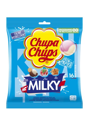 Chupa Chups - Beutel mit 16 Lutschern Milky-3 verschiedene Düfte – Kakao-Vanille, Karamell und Erdbeere – glutenfrei und ohne Süßungsmittel. 2 von Chupa Chups