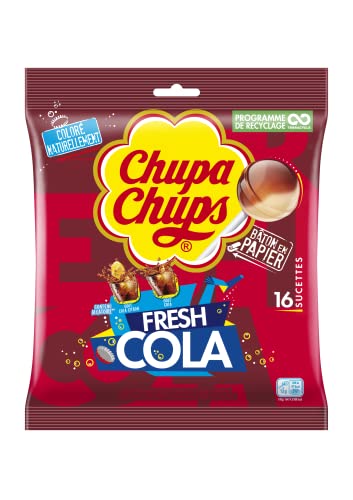 Chupa Chups Beutel mit 16 Lutschern für Bonbons, Fresh Cola/Zitrone, ohne Gluten, 0 % Fett ohne Süßstoffe, braun, 16 Stück (1 Stück) von Chupa Chups