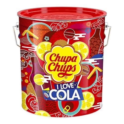 Chupa Chups Cola Lollipop-Eimer, enthält 150 Lutscher mit Cola & Zitrone-Cola Geschmack, Pop-Art Metall-Dose, praktische Aufbewahrungs-Dose, für Weihnachten, 150 x 12g von Chupa Chups