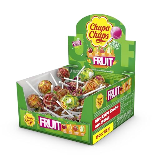 Chupa Chups Fruit Lutscher-Dose, praktische Box mit 50 Lollis mit Barcode in 4 fruchtigen Geschmacksrichtungen Apfel, Erdbeere, Orange, Kirsche, geeignet für Geburtstag, 50 x 12g von Chupa Chups