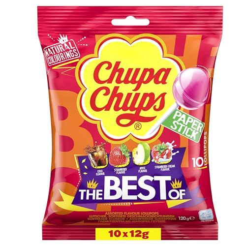 Chupa Chups Gut of Lutscher, Nachfüll-Beutel enthält 10 Lollis in den 4 Geschmacksrichtungen Cola, Erdbeeren, Apfel, Erdbeere-Sahne von Chupa Chups