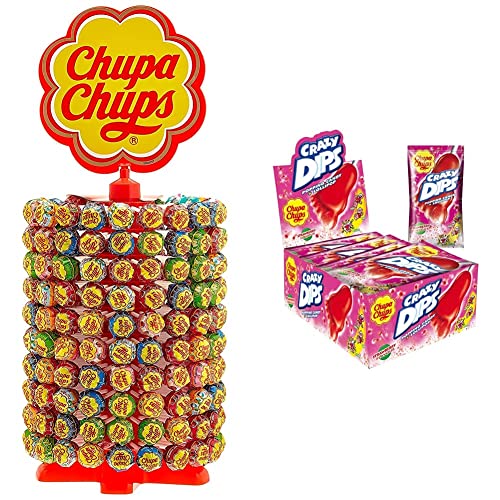 Chupa Chups Lutscher-Rad, Lollipop-Ständer, 200 x 12g & Crazy Dips Erdbeere, 24er Thekendisplay enthält Erdbeer-Lollis in Fußform mit Brausepulver & Knistereffekt, Strawberry-Flavour, 14 x 24g von Chupa Chups