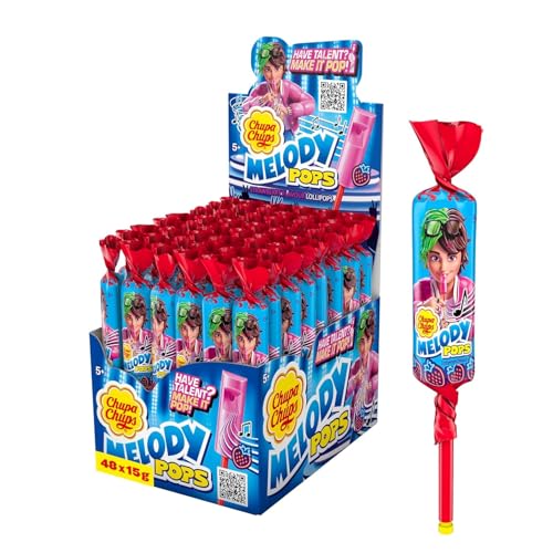 Chupa Chups Melody Pops Erdbeere, Thekendisplay mit 48 fruchtigen Erbeer-Lollis in Flötenform zum Musik spielen, für Partys und Geburtstage, 48 x 15g von Chupa Chups