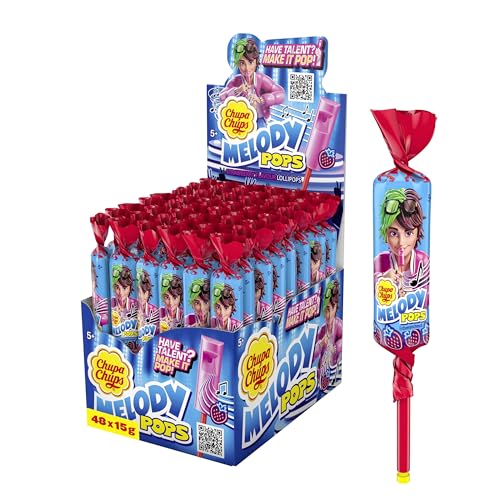 Chupa Chups Melody Pops Erdbeere, Thekendisplay mit 48 fruchtigen Erbeer-Lollis in Flötenform zum Musik spielen, für Partys und Geburtstage, 48 x 15g von Chupa Chups