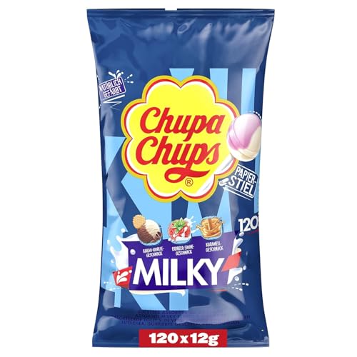 Chupa Chups Milky Lutscher-Beutel, mit 120 Lollis in 3 cremigen Geschmacksrichtungen Kakao-Vanille, Karamell & Erdbeer-Sahne, für Halloween, 120 x 12g von Chupa Chups