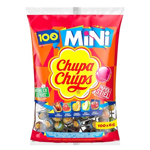 Chupa Chups Mini Classic Lutscher-Beutel, enthält 100 Mini-Lollis in den 5 Geschmacksrichtungen Cola, Orange, Erdbeere, Apfel & Kirsche, für Halloween, 100 x 6g von Chupa Chups