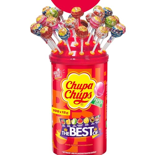 Chupa Chups Best of Lutscher-Dose mit Logo-Aufsatz, enthält 100 Lollis in 7 Geschmacksrichtungen, praktische Pop-Art Aufbewahrungs-Dose, geeignet für Geburtstag, 100 x 12g von Chupa Chups