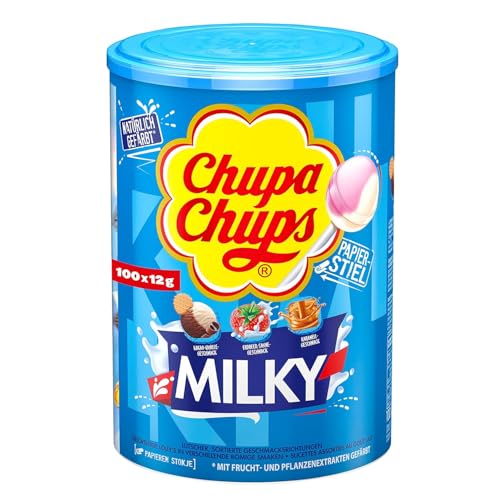 Chupa Chups Milky Lutscher-Dose, praktische Box mit 100 Lollis in 3 cremigen Geschmacksrichtungen Karamell, Erdbeer-Sahne & Kakao-Vanille, ideal für Geburtstag & Weihnachten, 100 x 12g von Chupa Chups