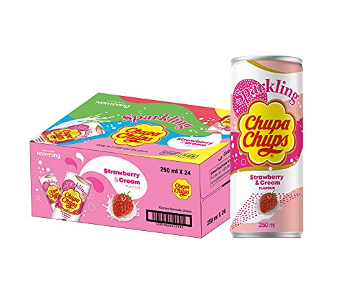 Chupa Chups Sparkling Strawberry Cream Drink, prickelnde Erdbeer-Sahne Limonade, 24 Dosen mit Pfand, 24 x 250 ml von Chupa Chups