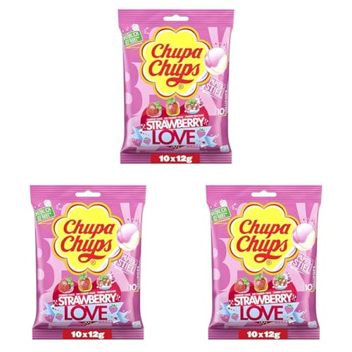 Chupa Chups Strawberry Lover Lutscher-Beutel, Nachfüll-Beutel enthält 10 fruchtige & cremige Erdbeer-Lollis in 3 Geschmacksrichtungen, für Halloween, 10 x 12g (Packung mit 3) von Chupa Chups