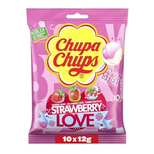 Chupa Chups Strawberry Lover Lutscher-Beutel, Nachfüll-Beutel enthält 10 fruchtige und cremige Erdbeer-Lollis in 3 Geschmacksrichtungen, geeignet für Geburtstag, 10 x 12g von Chupa Chups