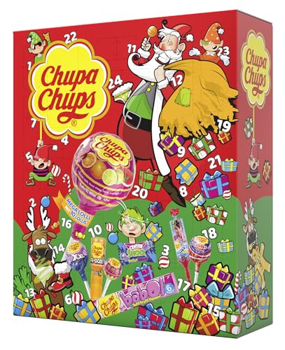 Chupa Chups XXL Adventskalender 2024, 24 Türchen mit einem Mix aus verschiedenen Lutscher- & Kaugummi-Sorten, Süßigkeiten Weihnachtskalender, 1x872g von Chupa Chups