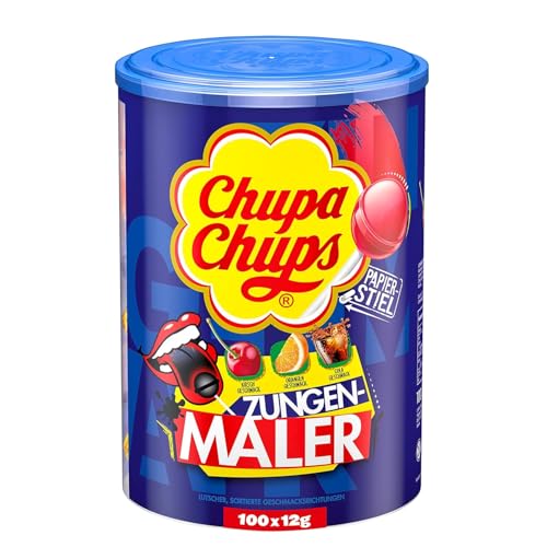 Chupa Chups Zungenmaler Lutscher-Dose, praktische Box mit 100 Lollis in den 3 Sorten Cola, Kirsch & Orange, zungenfärbende Lollipops, für Halloween, 100 x 12g von Chupa Chups