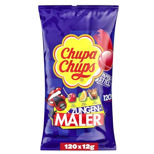 Chupa Chups Zungenmaler Lutscher-Beutel, Nachfüll-Beutel mit 120 Lollis, Cola, Kirsch & Orangen-Geschmack, Lollipops färben die Zunge, für Halloween, 120 x 12g von Chupa Chups