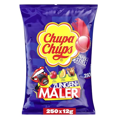 Chupa Chups Zungenmaler Lutscher-Beutel, Nachfüll-Beutel mit 250 Lollis, Cola, Kirsch & Orangen-Geschmack, Lollipops färben die Zunge, für Halloween, 250 x 12g von Chupa Chups