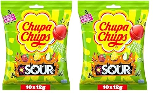 Chupa Chups saure Lutscher, Nachfüll-Beutel mit 10 extra sauren Frucht-Lollis in den drei Geschmacksrichtungen Apfel, Erdbeere & Zitrone, für Halloween, 10 x 12g (Packung mit 2) von Chupa Chups