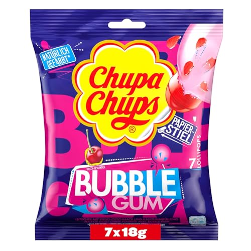 Chupa Chups Lutscher Multi, Maxi Bubble Gum, Nachfüll-Beutel mit 7 Lollipops, erfrischend-süßer Bubble-Gum-Geschmack, geeignet für Geburtstag, 7 x 18g von Chupa Chups