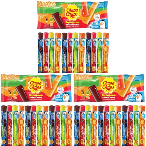 Chupa Chups Squeezee Freeze Pops, 12 x Wassereis zum Einfrieren, vier Sorten Cola, Apfel, Erdbeer, Orange, Eisstangen (12 x 45 ml) (Packung mit 3) von Cia&Co