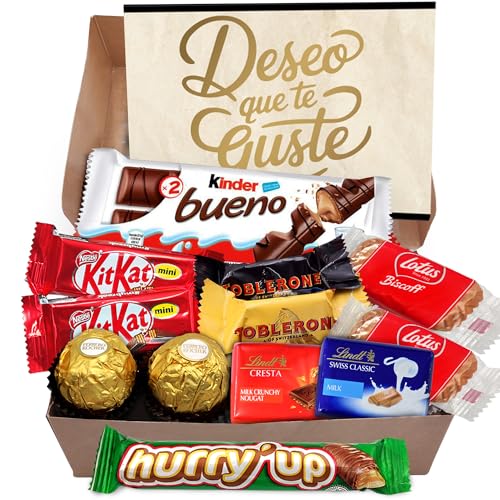 Geschenkbox LINDT + FERRERO mit bis zu 12 Pralinen und Schokoladen Kinder Bueno, Toblerone, Kit Kat, Lotus Biscoff und Hurry Up · Mit Personalisierter Karte von Cia&Co