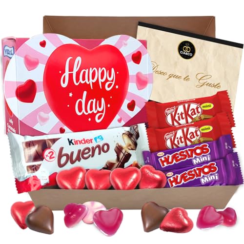 Geschenkbox mit Kinder Bueno Schokolade, Gefüllte Pralinen in Herzform, Kit Kat, Huesitos, Gummibärchen und mehr · Mit Personalisierter Karte von Cia&Co