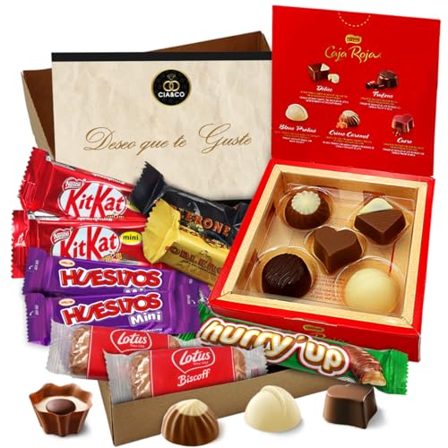 VIP-Geschenkbox ORIGINAL mit Roter Nestlé-Box und 14 Pralinen und Schokoladen Toblerone, Kit Kat, Lotus Biscoff, Huesitos und Hurry Up · Mit Personalisierter Karte von Cia&Co