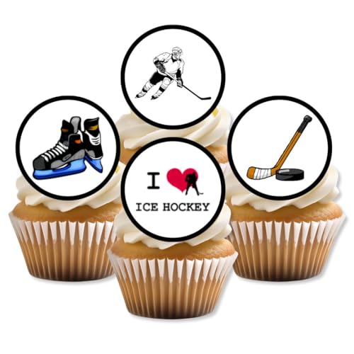 24 VORGESCHNITTENE essbare Cupcake Aufsätze mit Eishockey Motiv – Premium Dicke, gesüßte Vanille – Oblaten Kuchendekorationen 24 x 4 cm von Cians Cupcake Toppers