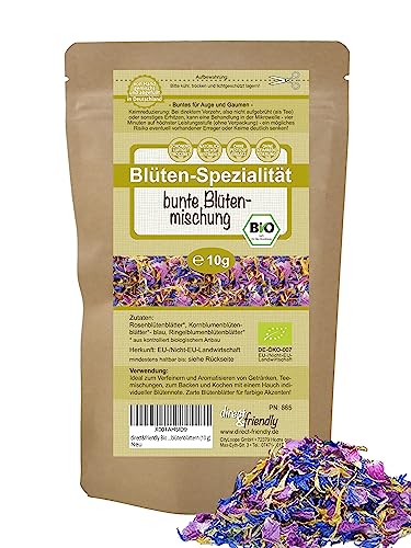 direct&friendly | 10g | bunte Bio Blütenmischung | farbenfroher Essblüten-Mix aus Rosen-, Ringelblumenblüten- und Kornblumenblütenblättern von direct&friendly