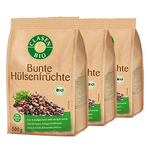 3x CLASEN BIO Bunte Hülsenfrüchte, Fest- und mehligkochende Bohnen und Linsen, Reich an Eiweiß, Ballaststoffen & Eisen - 500 g von Clasen Bio