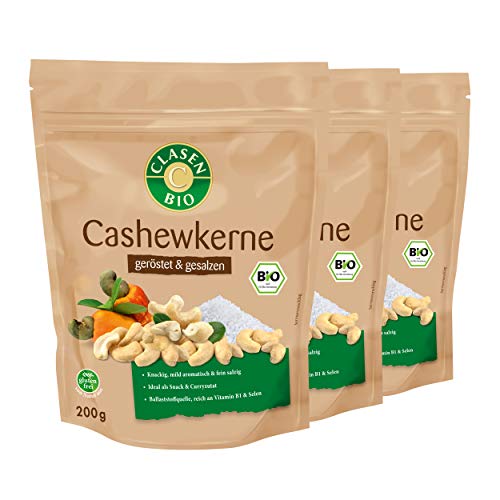 3x CLASEN BIO Cashewkerne geröstet und gesalzen, vegan und glutenfrei - 200g von Clasen Bio