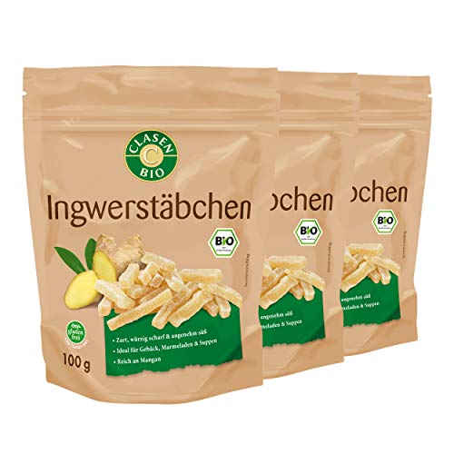 3x CLASEN BIO Ingwerstäbchen, getrocknet, mit Rohrzucker gesüßt - 100g von Clasen Bio