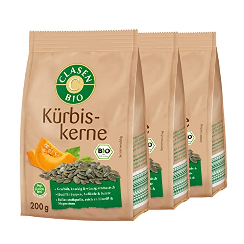 3x CLASEN BIO Kürbiskerne geschält, ideal als Snacks und zum Verfeinern - 200 g von Clasen Bio