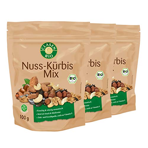 3x CLASEN BIO Nuss-Kürbis-Mix – von Natur aus vegan und glutenfrei, biologischer Anbau - 100 g von Clasen Bio