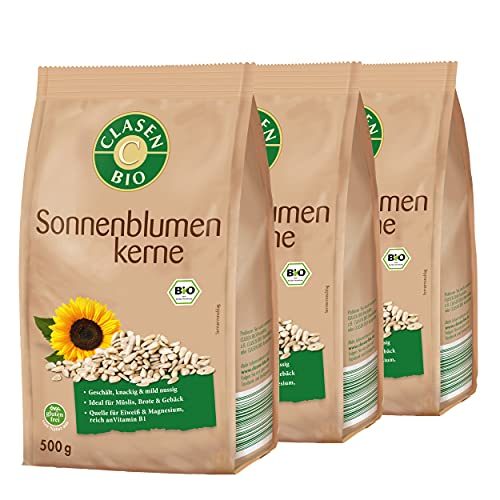 3x CLASEN BIO Sonnenblumenkerne, geschält, aus biologischem Anbau, vegan und glutenfrei - 500 g von Clasen Bio