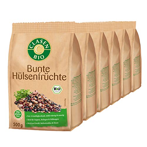 6x CLASEN BIO Bunte Hülsenfrüchte, Fest- und mehligkochende Bohnen und Linsen, Reich an Eiweiß, Ballaststoffen & Eisen - 500 g von Clasen Bio