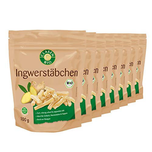 8x CLASEN BIO Ingwerstäbchen, getrocknet, mit Rohrzucker gesüßt - 100g von Clasen Bio