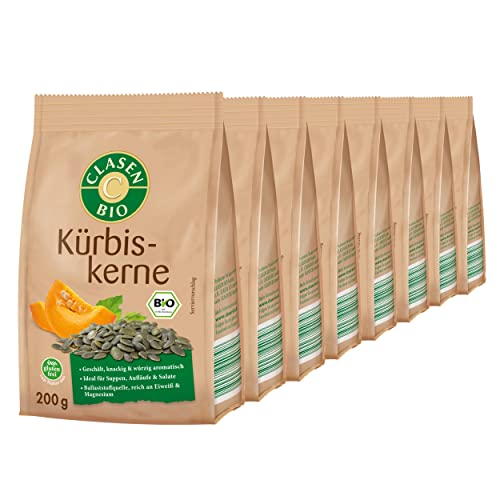 8x CLASEN BIO Kürbiskerne geschält, ideal als Snacks und zum Verfeinern - 200 g von Clasen Bio