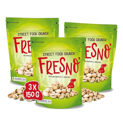 Street Food Crunch - Fresno Pistazien geröstet & gesalzen 3x150g - Pistazien Nuss Knabberspaß – Knuspriger Genuss aus dem San Joaquin Valley – Quelle für Proteine und gesunde Fette von Clasen Bio