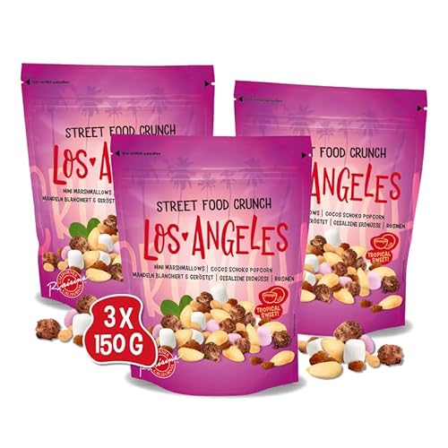 Street Food Crunch - Los Angeles Knabbermix 3x150g - Knabbermischung tropische Süße und herzhafter Genuss – Snack-Mix american style mit Mini Marshmallows, Cocos-Schoko-Popcorn, Mandeln und Erdnüsse von Clasen Bio