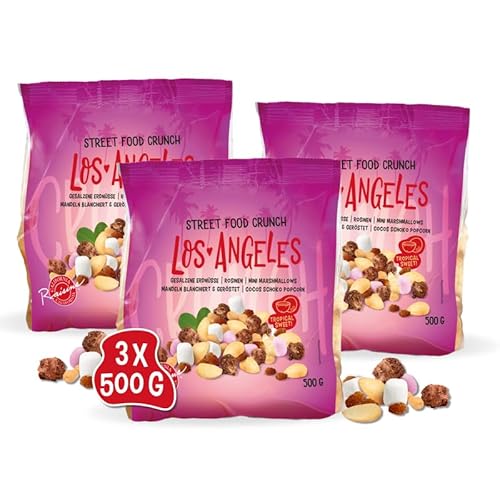 Street Food Crunch - Los Angeles Knabbermix 3x500g - Knabbermischung tropische Süße und herzhafter Genuss – Snack-Mix american style mit Mini Marshmallows, Cocos-Schoko-Popcorn, Mandeln und Erdnüsse von Clasen Bio