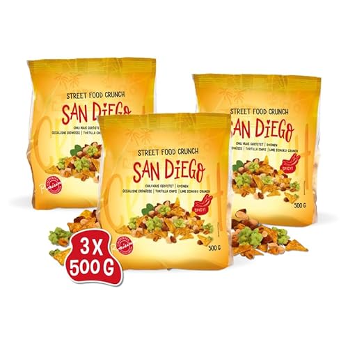 Street Food Crunch - San Diego Knabbermix sweet & spicy 3x500g - Knabbermischung mit Chili-Mais und Lime Schoko Crunch – Snack-Mix american style knusper Tortilla Chips, gesalzene Erdnüsse, Rosinen von Clasen Bio