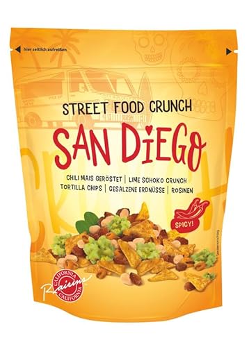 Street Food Crunch - San Diego Knabbermix sweet & spicy 5x500g - Knabbermischung mit Chili-Mais und Lime Schoko Crunch – Snack-Mix american style knusper Tortilla Chips, gesalzene Erdnüsse, Rosinen von Clasen Bio