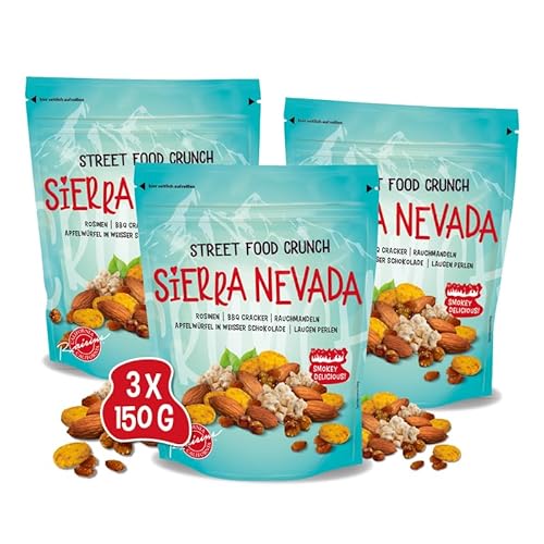 Street Food Crunch - Sierra Nevada Knabbermix sweet & smokey 3x150g - Knabbermischung mit BBQ Cracker, Rauchmandeln, Apfelwürfel in weißer Schokolade – Snack-Mix american style rauchige Snackmischung von Clasen Bio