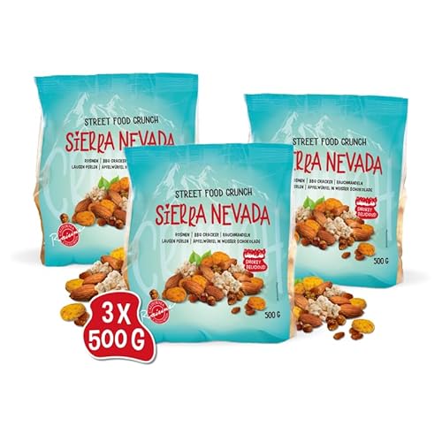 Street Food Crunch - Sierra Nevada Knabbermix sweet & smokey 3x500g - Knabbermischung mit BBQ Cracker, Rauchmandeln, Apfelwürfel in weißer Schokolade – Snack-Mix american style rauchige Snackmischung von Clasen Bio